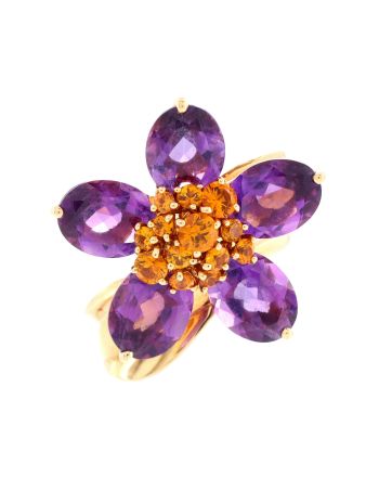 Hawaii Flower Ring 18K Yellow Gold with Amethyst and Orange Sapphires